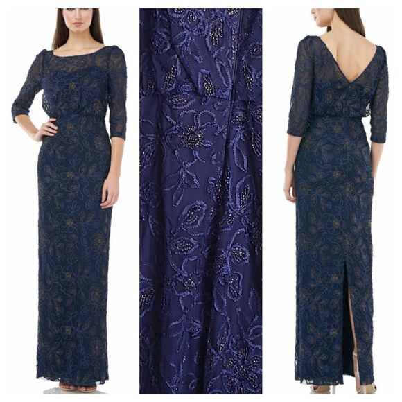 JS Collections Navy Metallic Soutache Gown - Picture 1 of 9